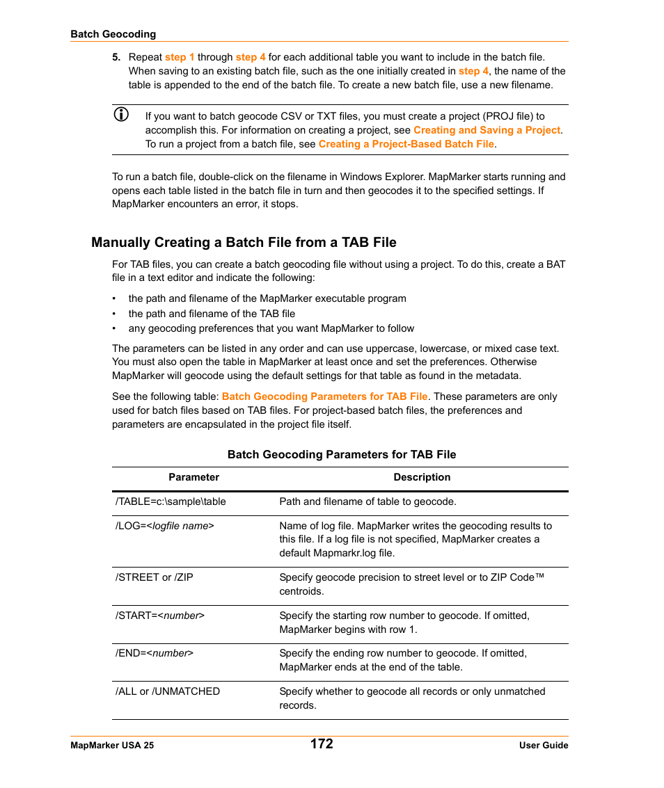 Manually creating a batch file from a tab file | Pitney Bowes MapMarker USA User Manual | Page 172 / 334