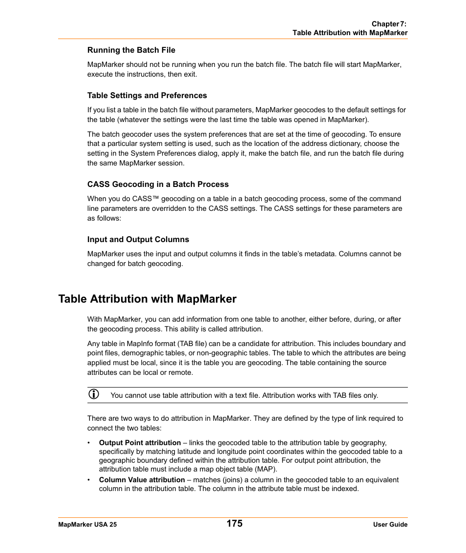 Running the batch file, Table settings and preferences, Cass geocoding in a batch process | Input and output columns, Table attribution with mapmarker | Pitney Bowes MapMarker USA User Manual | Page 175 / 334