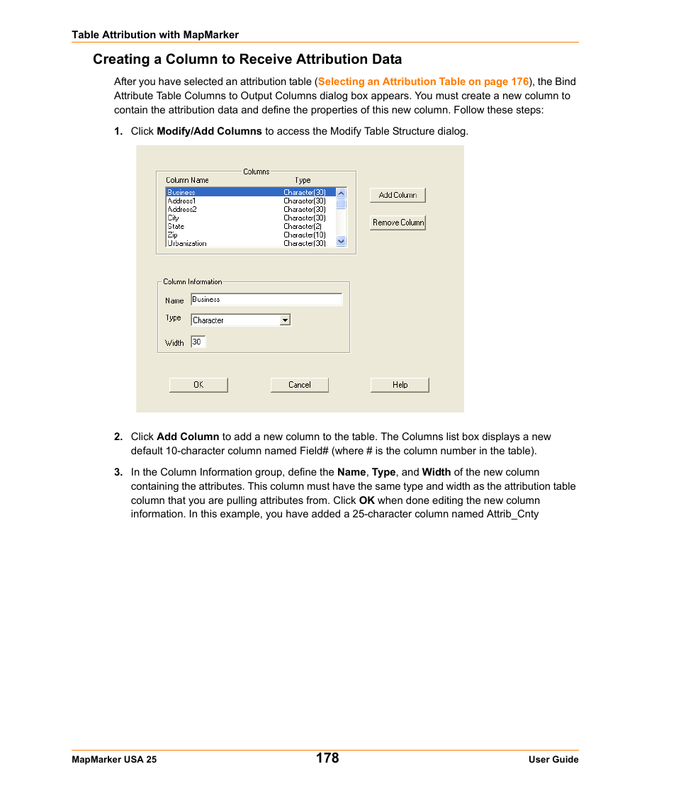 Creating a column to receive attribution data | Pitney Bowes MapMarker USA User Manual | Page 178 / 334
