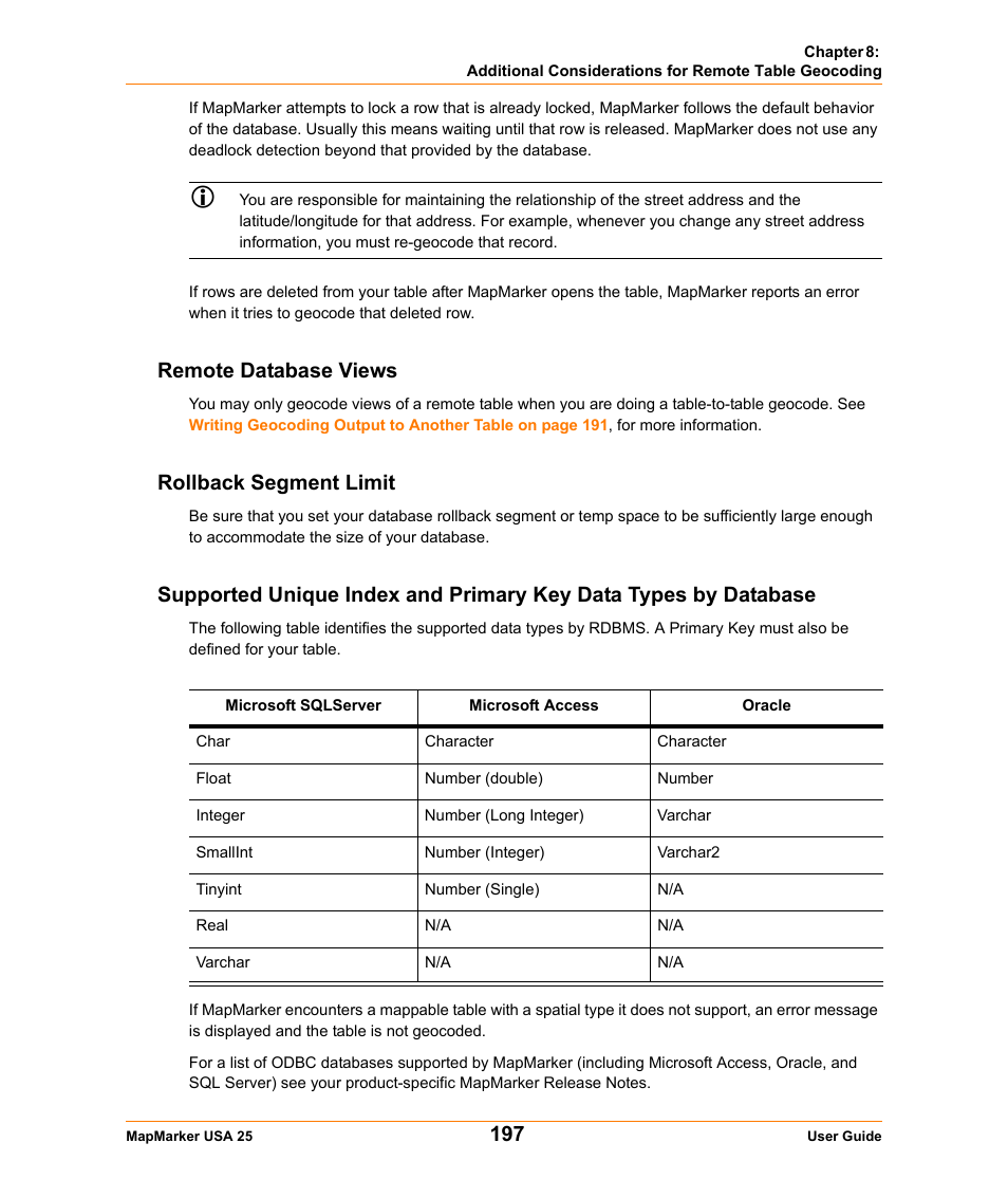 Remote database views, Rollback segment limit | Pitney Bowes MapMarker USA User Manual | Page 197 / 334