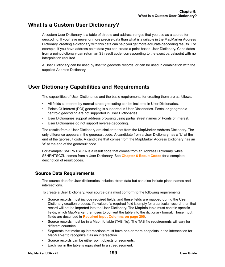 What is a custom user dictionary, User dictionary capabilities and requirements, Source data requirements | Pitney Bowes MapMarker USA User Manual | Page 199 / 334