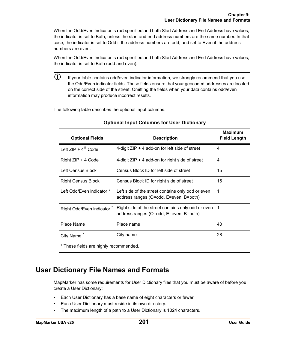 User dictionary file names and formats | Pitney Bowes MapMarker USA User Manual | Page 201 / 334