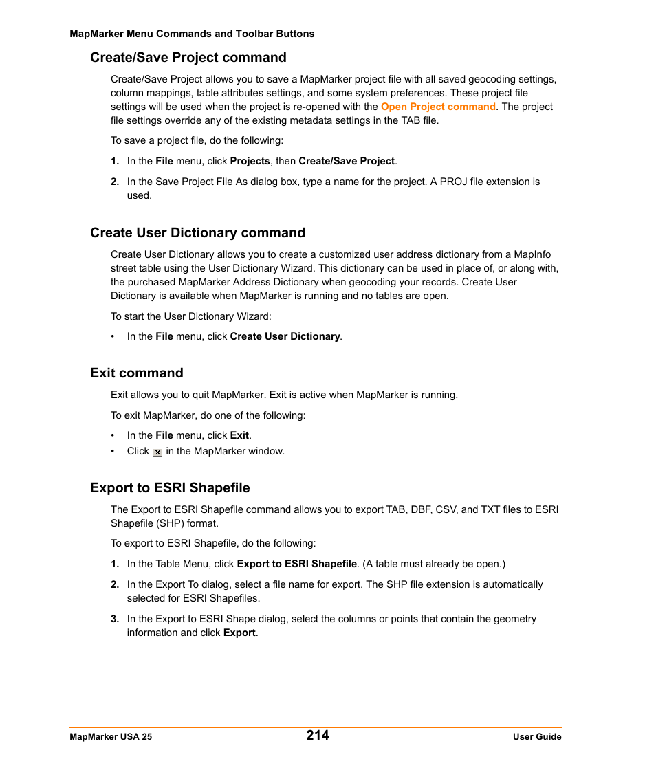 Create/save project command, Create user dictionary command, Exit command | Export to esri shapefile | Pitney Bowes MapMarker USA User Manual | Page 214 / 334