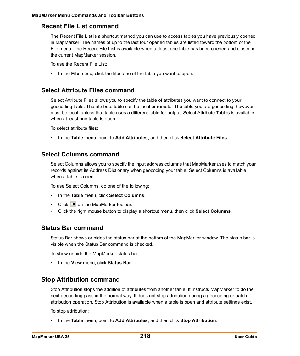 Recent file list command, Select attribute files command, Select columns command | Status bar command, Stop attribution command | Pitney Bowes MapMarker USA User Manual | Page 218 / 334