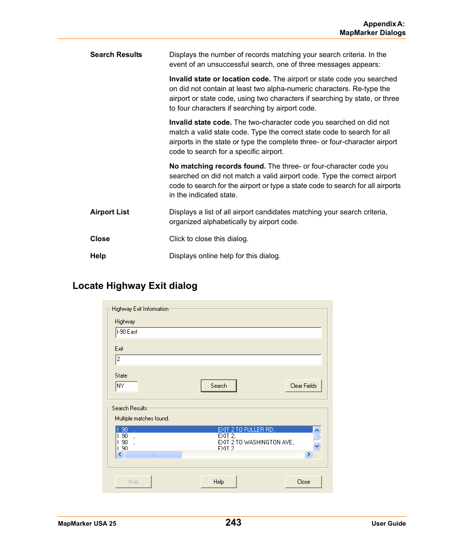 Locate highway exit dialog | Pitney Bowes MapMarker USA User Manual | Page 243 / 334
