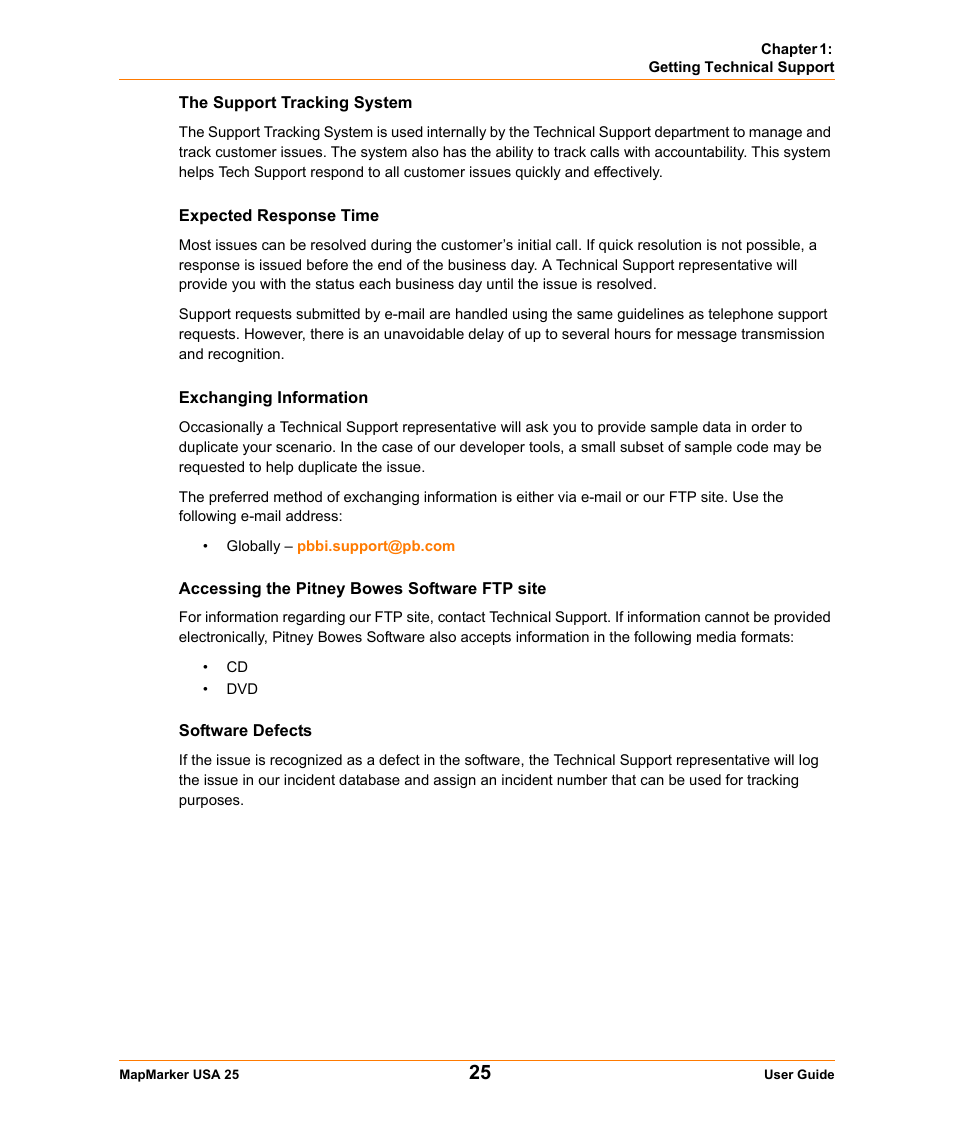 The support tracking system, Expected response time, Exchanging information | Accessing the pitney bowes software ftp site, Software defects | Pitney Bowes MapMarker USA User Manual | Page 25 / 334