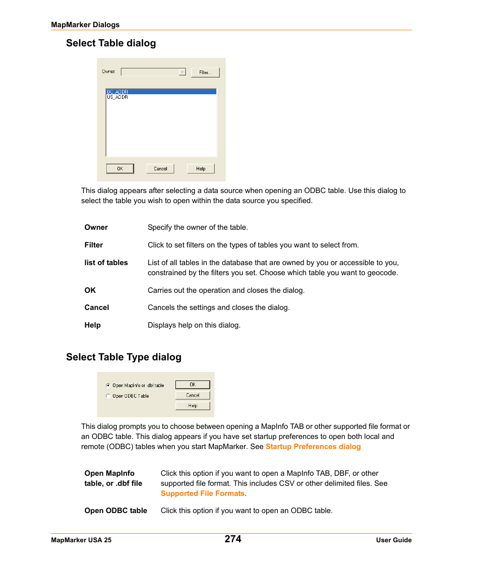 Select table dialog, Select table type dialog, Select table dialog select table type dialog | Pitney Bowes MapMarker USA User Manual | Page 274 / 334