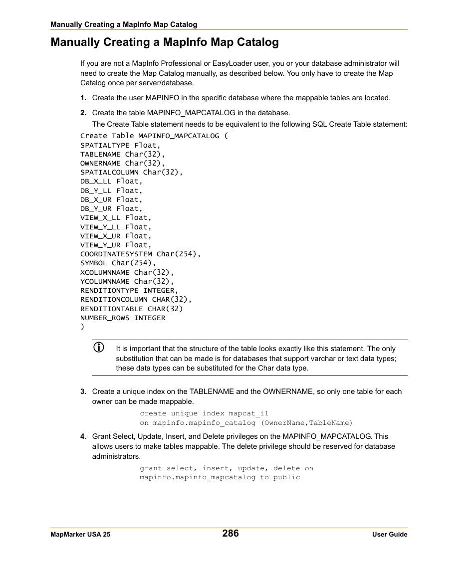 Manually creating a mapinfo map catalog | Pitney Bowes MapMarker USA User Manual | Page 286 / 334