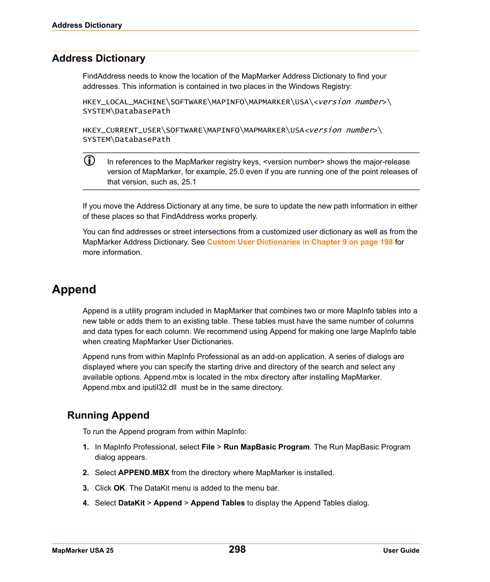 Append, Running append, Address dictionary | Pitney Bowes MapMarker USA User Manual | Page 298 / 334