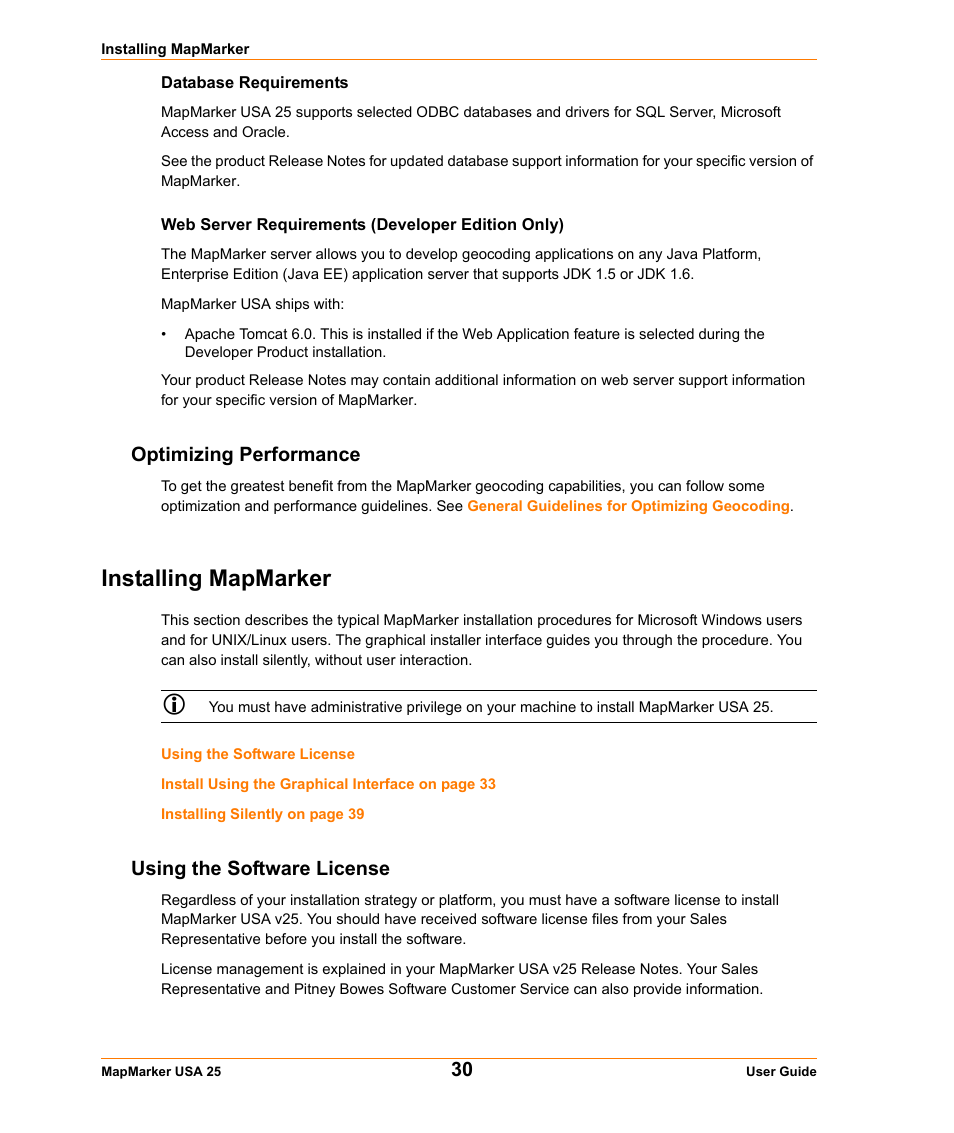 Database requirements, Web server requirements (developer edition only), Optimizing performance | Installing mapmarker, Using the software license | Pitney Bowes MapMarker USA User Manual | Page 30 / 334