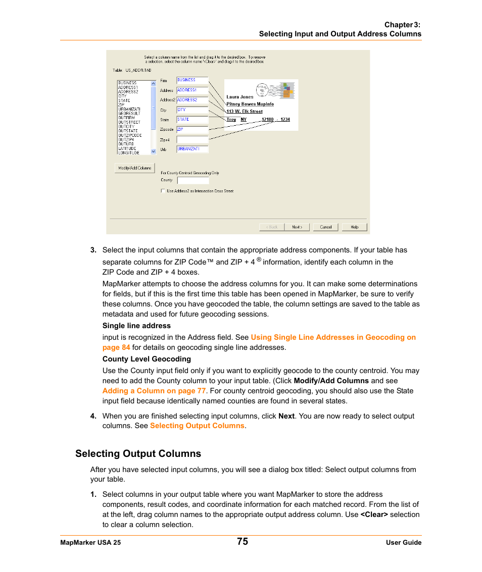 Selecting output columns | Pitney Bowes MapMarker USA User Manual | Page 75 / 334