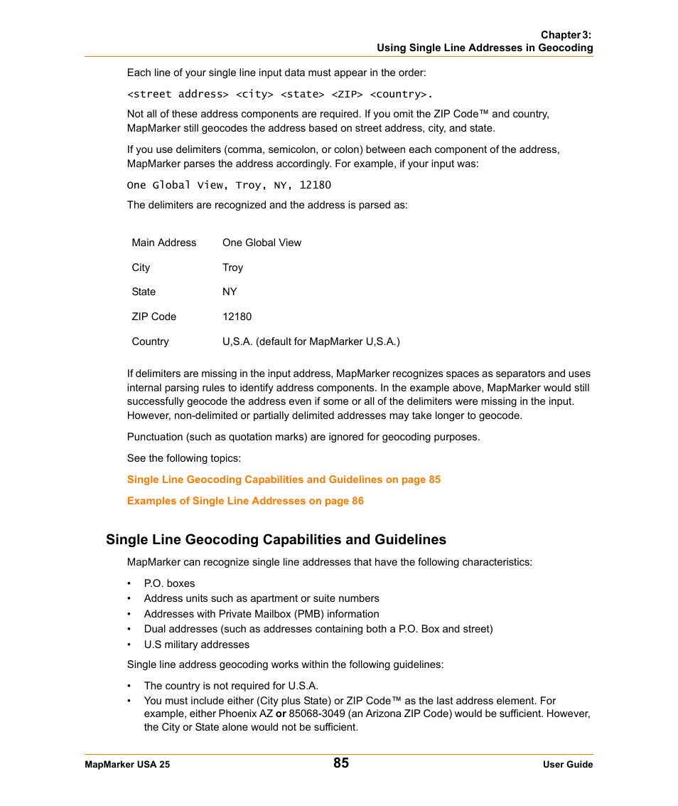 Single line geocoding capabilities and guidelines | Pitney Bowes MapMarker USA User Manual | Page 85 / 334