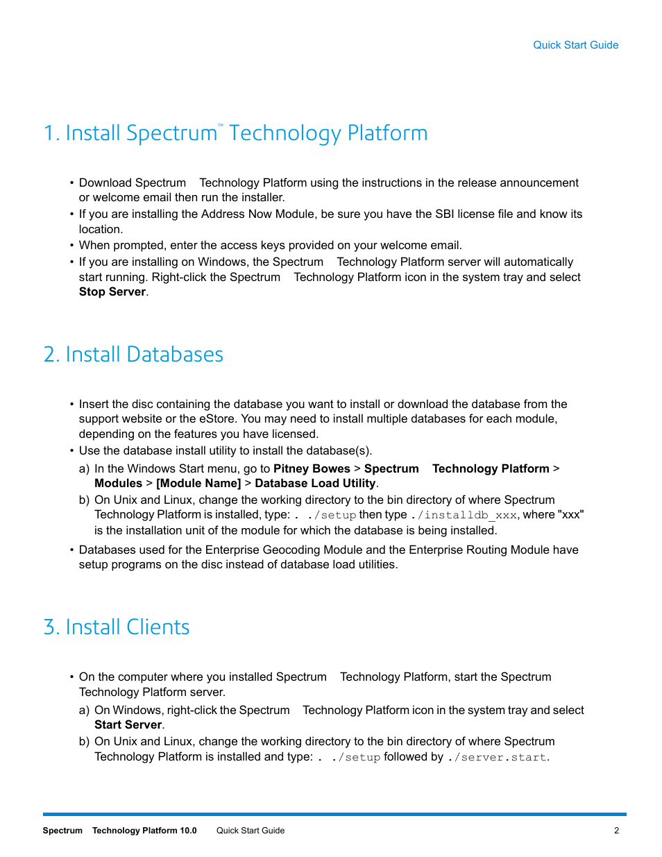 Install spectrum™ technology platform, Install databases, Install clients | Install spectrum, Technology platform | Pitney Bowes Spectrum Spatial User Manual | Page 2 / 3