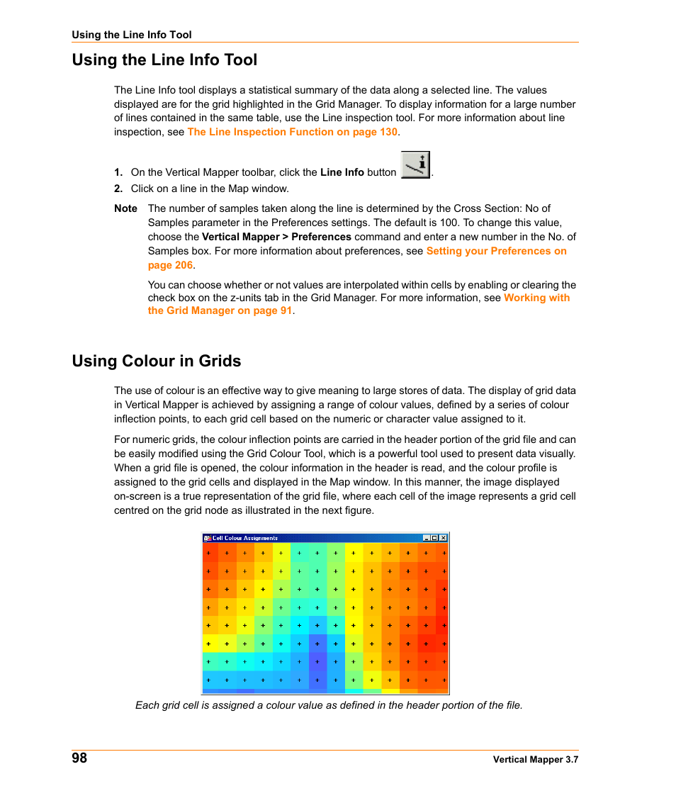 Using the line info tool, Using colour in grids, Using the line info tool using colour in grids | Information, see | Pitney Bowes MapInfo Vertical Mapper User Manual | Page 100 / 213
