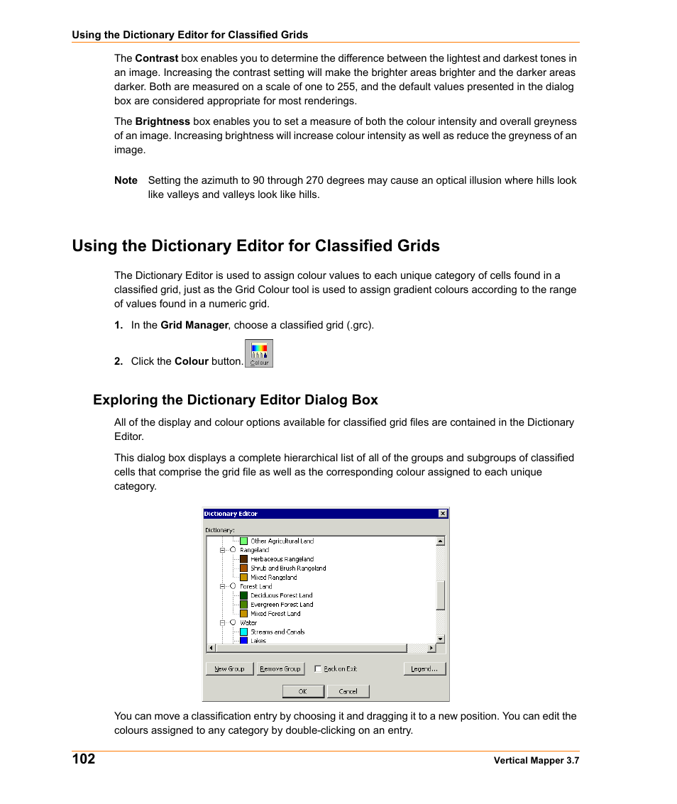 Using the dictionary editor for classified grids, Exploring the dictionary editor dialog box, Using the dictionary editor for classified | Pitney Bowes MapInfo Vertical Mapper User Manual | Page 104 / 213