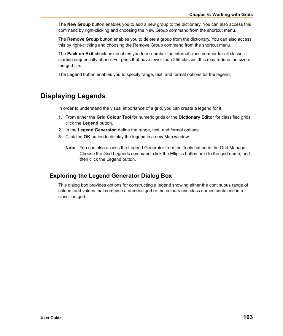 Displaying legends, Exploring the legend generator dialog box | Pitney Bowes MapInfo Vertical Mapper User Manual | Page 105 / 213