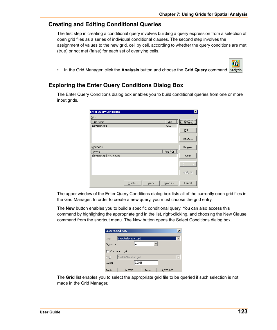 Creating and editing conditional queries, Exploring the enter query conditions dialog box, 123 creating and editing conditional queries | Pitney Bowes MapInfo Vertical Mapper User Manual | Page 125 / 213