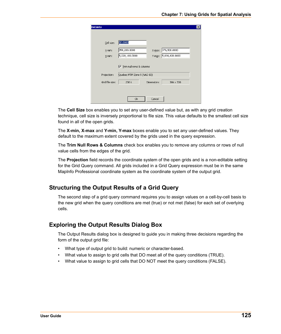 Structuring the output results of a grid query, Exploring the output results dialog box | Pitney Bowes MapInfo Vertical Mapper User Manual | Page 127 / 213