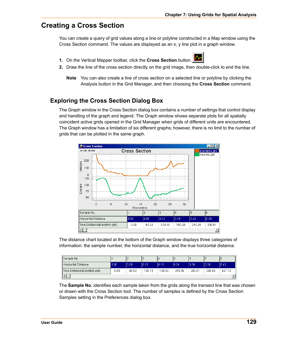 Creating a cross section, Exploring the cross section dialog box, For more information, see | Pitney Bowes MapInfo Vertical Mapper User Manual | Page 131 / 213