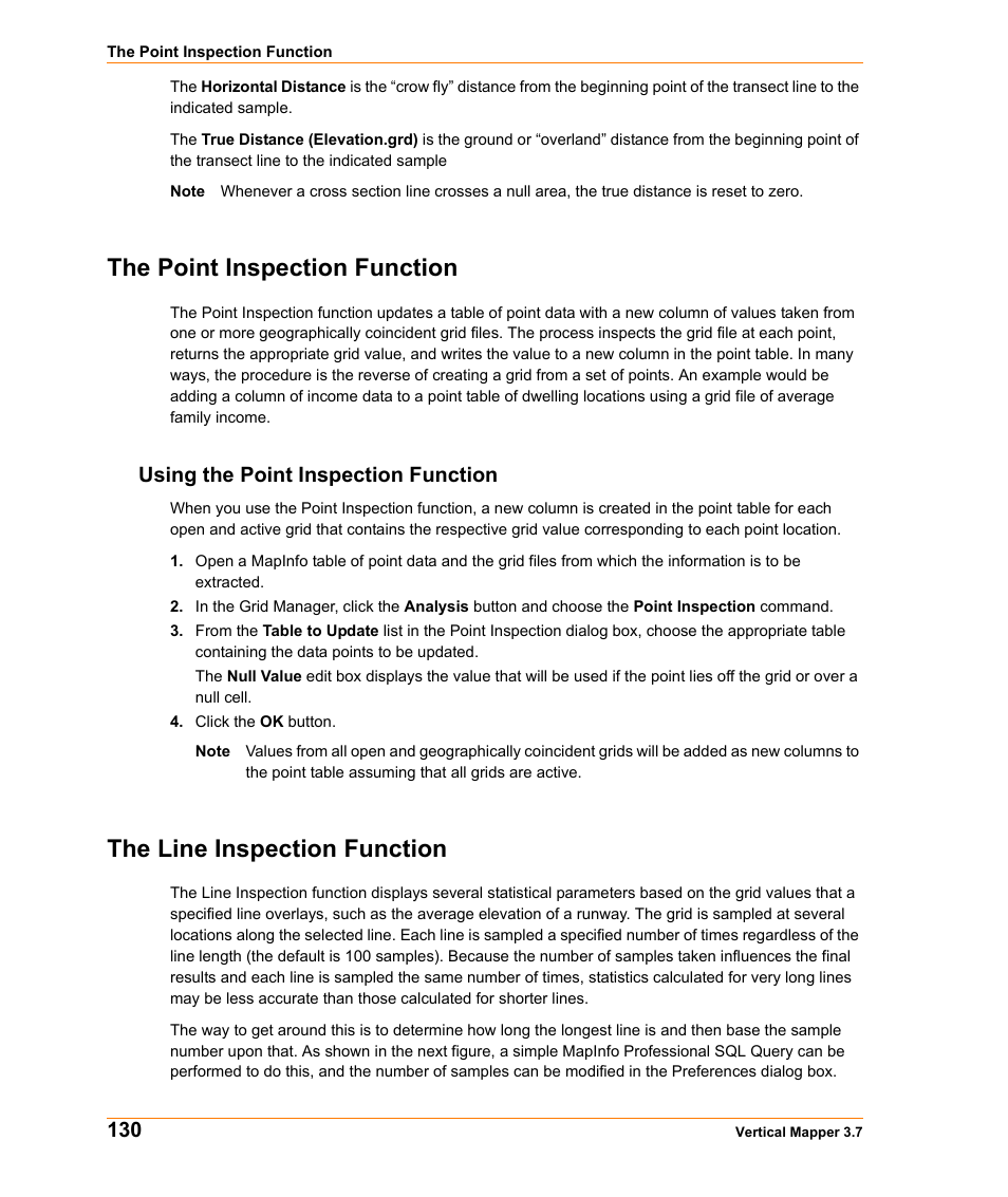 The point inspection function, Using the point inspection function, The line inspection function | The point inspection | Pitney Bowes MapInfo Vertical Mapper User Manual | Page 132 / 213