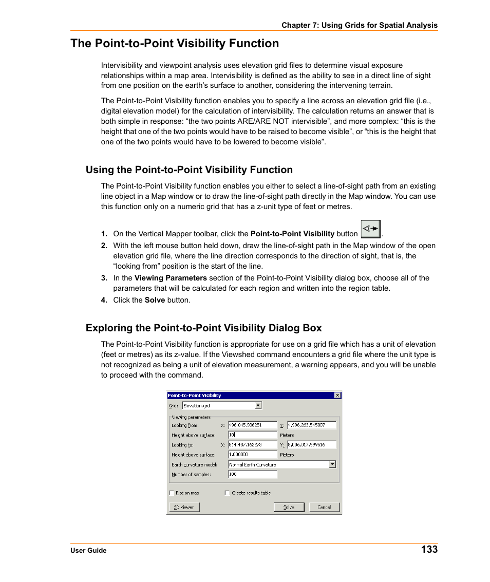 The point-to-point visibility function, Using the point-to-point visibility function, Exploring the point-to-point visibility dialog box | The point-to-point visibility | Pitney Bowes MapInfo Vertical Mapper User Manual | Page 135 / 213