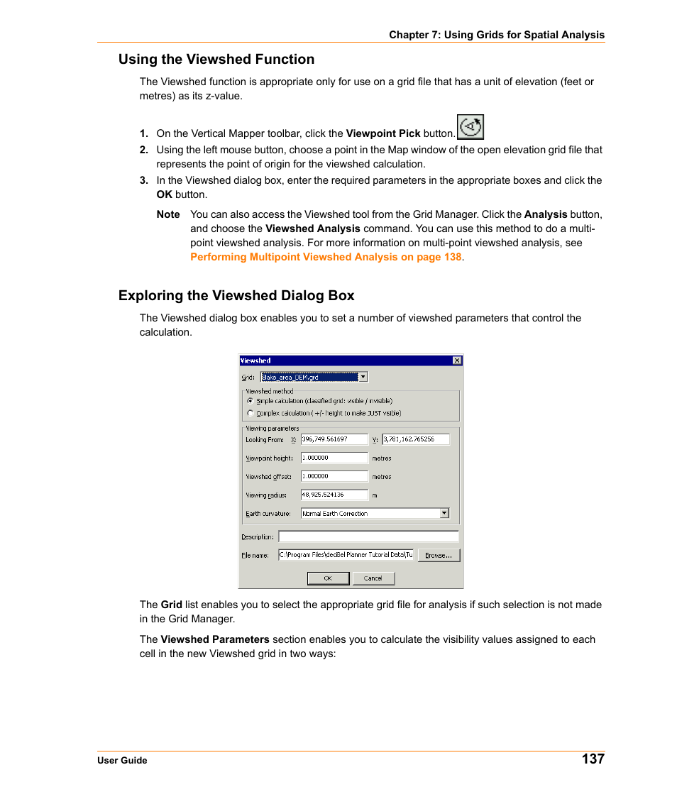 Using the viewshed function, Exploring the viewshed dialog box, 137 using the viewshed function | Pitney Bowes MapInfo Vertical Mapper User Manual | Page 139 / 213