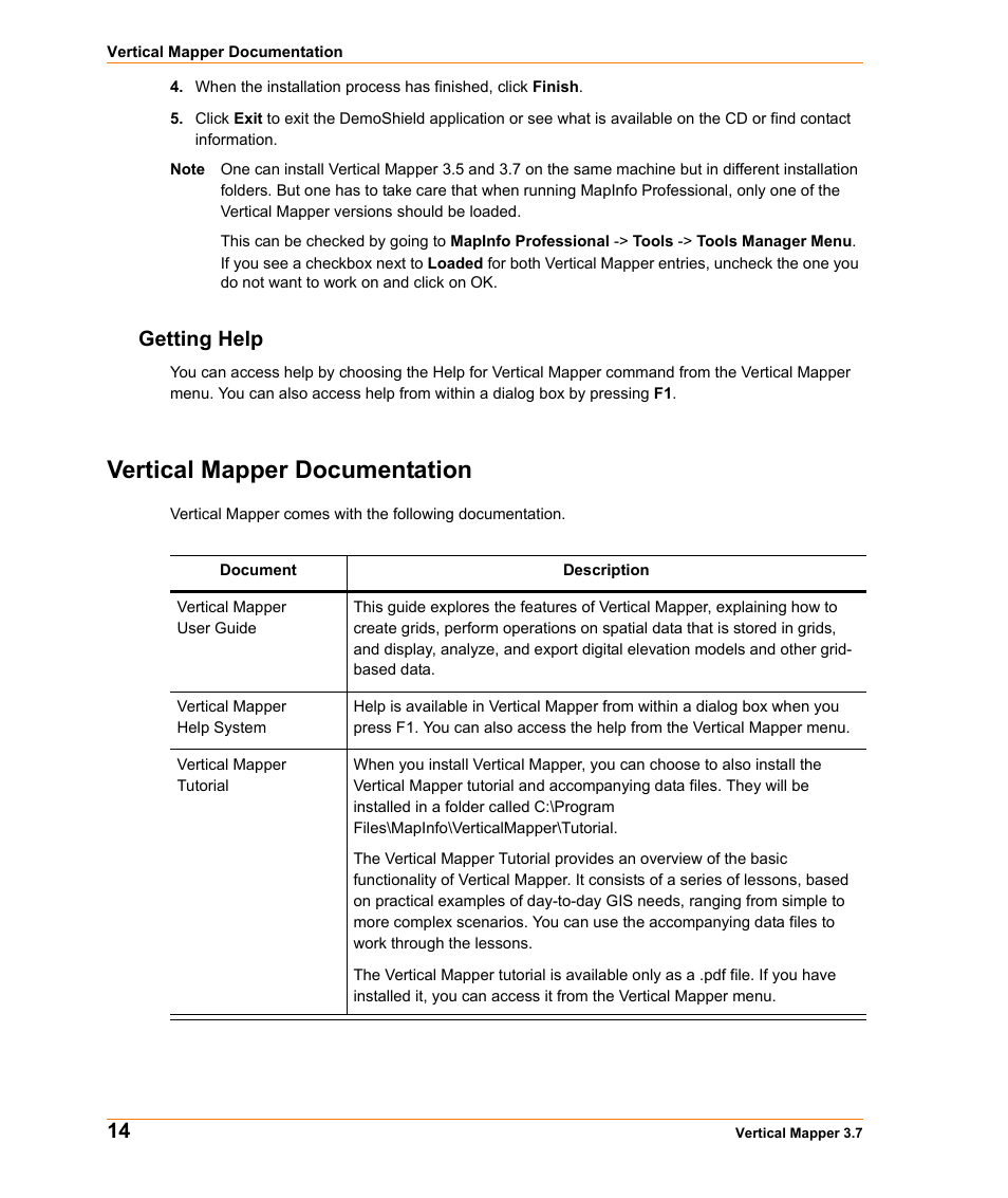 Getting help, Vertical mapper documentation | Pitney Bowes MapInfo Vertical Mapper User Manual | Page 14 / 213
