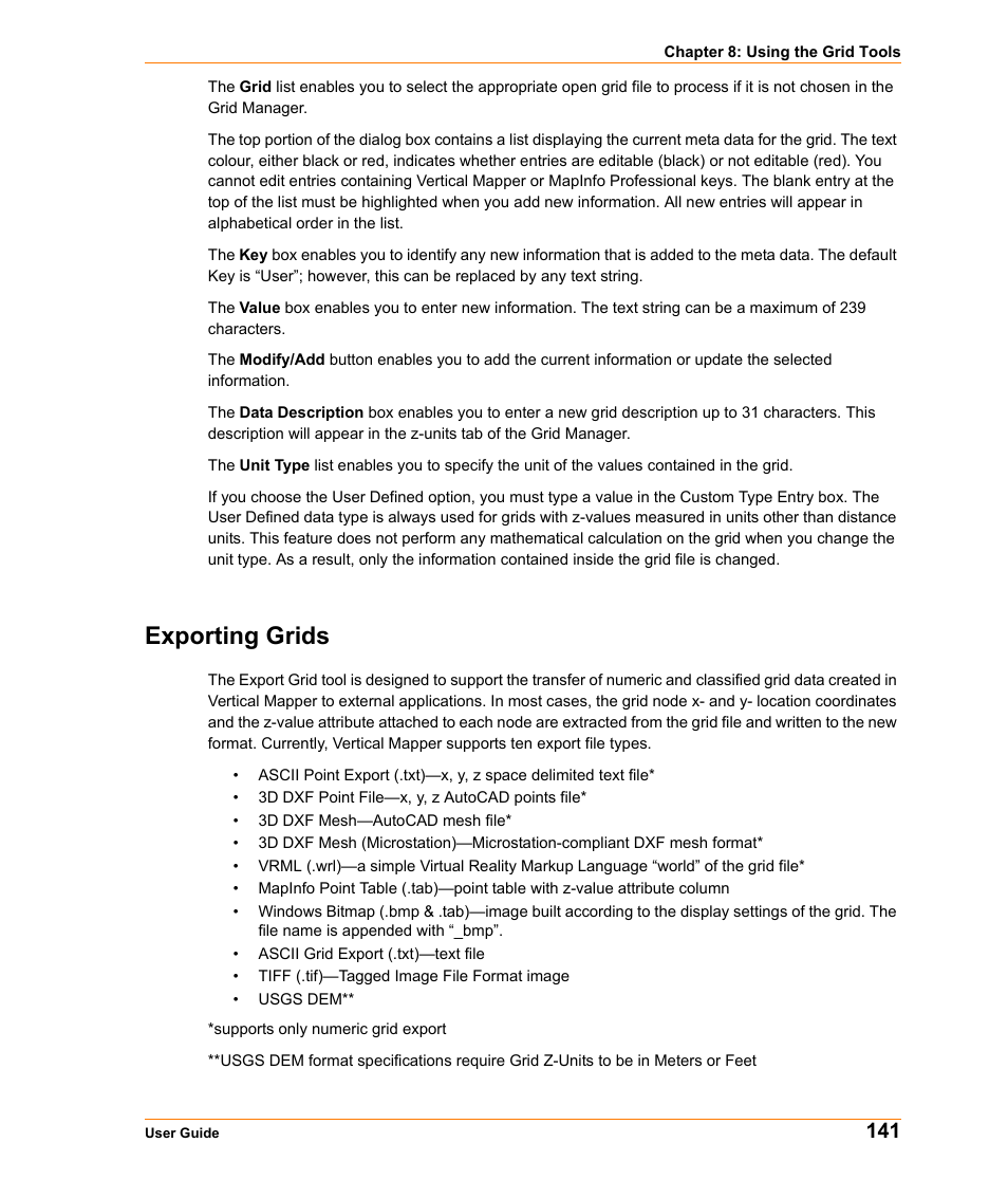 Exporting grids | Pitney Bowes MapInfo Vertical Mapper User Manual | Page 143 / 213