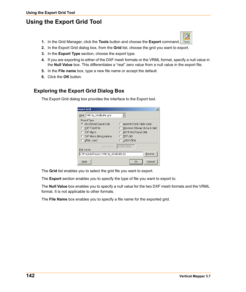 Using the export grid tool, Exploring the export grid dialog box | Pitney Bowes MapInfo Vertical Mapper User Manual | Page 144 / 213