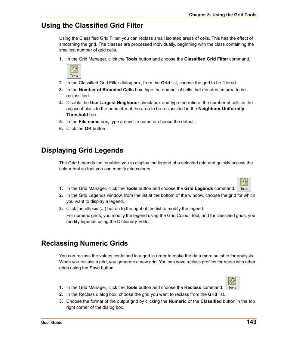Using the classified grid filter, Displaying grid legends, Reclassing numeric grids | Pitney Bowes MapInfo Vertical Mapper User Manual | Page 145 / 213