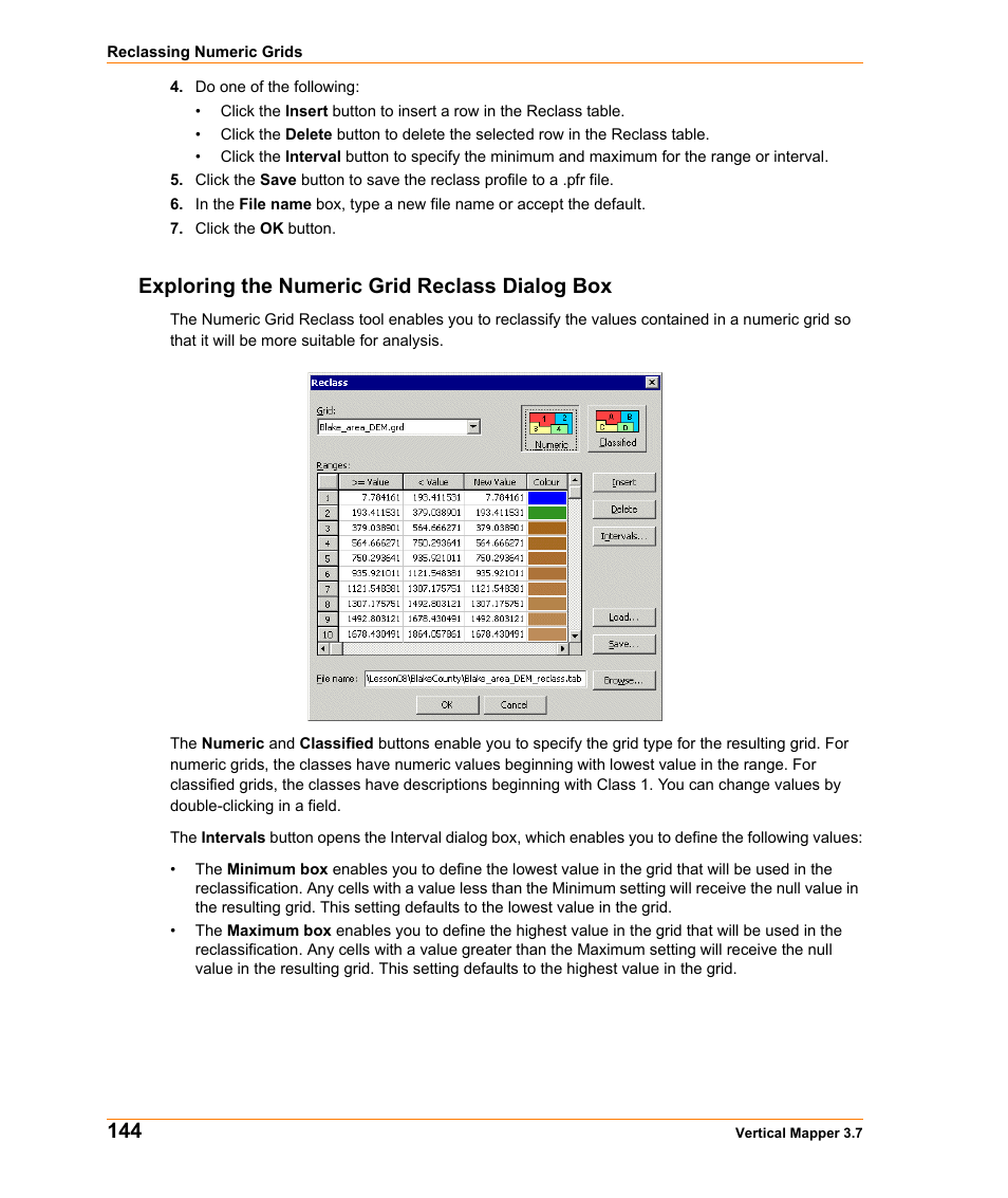 Exploring the numeric grid reclass dialog box | Pitney Bowes MapInfo Vertical Mapper User Manual | Page 146 / 213
