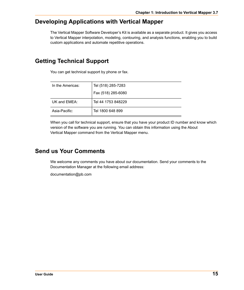 Developing applications with vertical mapper, Getting technical support, Send us your comments | Pitney Bowes MapInfo Vertical Mapper User Manual | Page 15 / 213