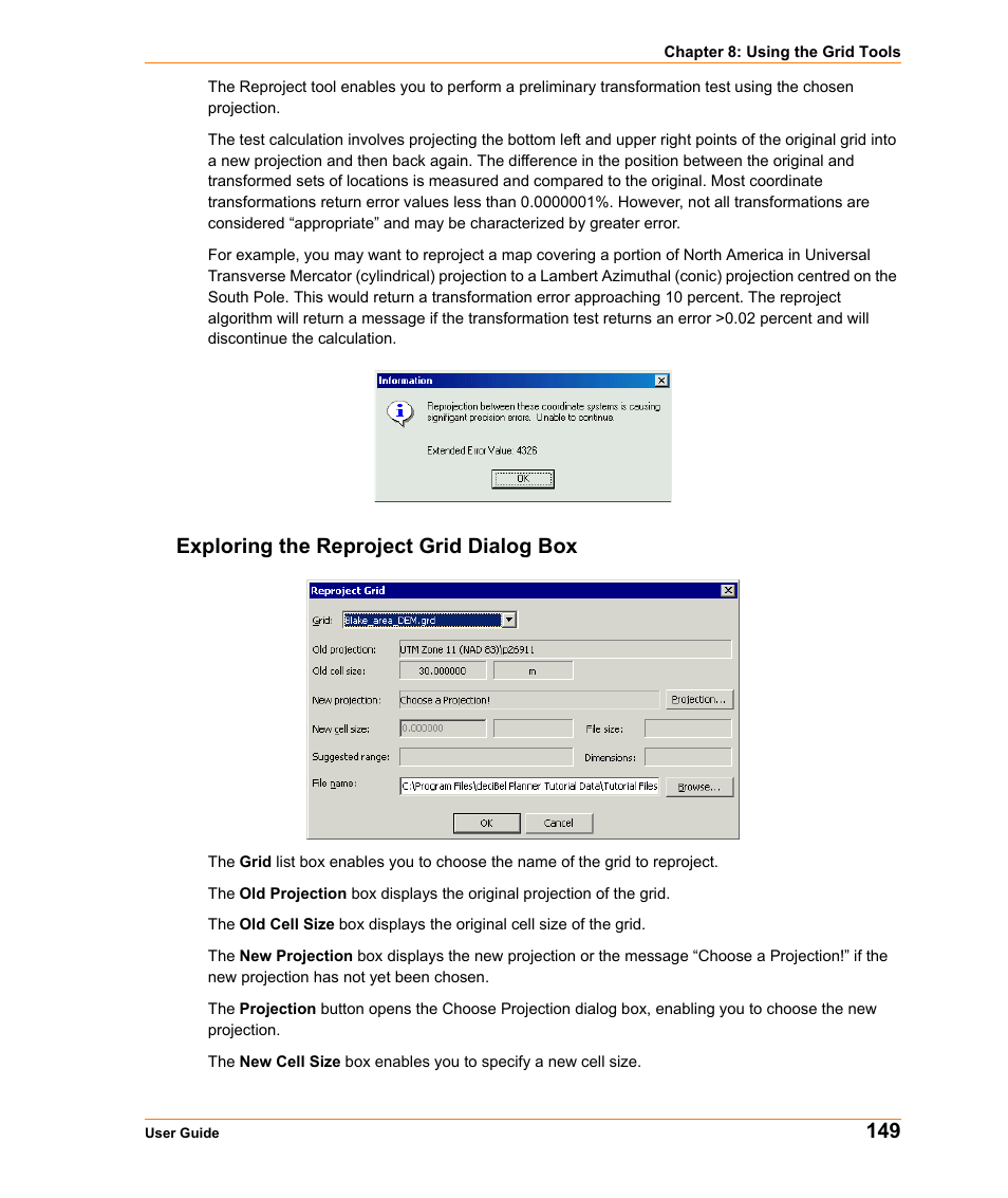 Exploring the reproject grid dialog box | Pitney Bowes MapInfo Vertical Mapper User Manual | Page 151 / 213