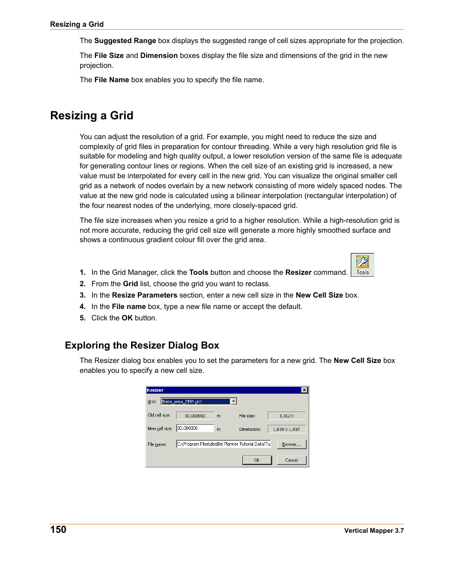 Resizing a grid, Exploring the resizer dialog box | Pitney Bowes MapInfo Vertical Mapper User Manual | Page 152 / 213