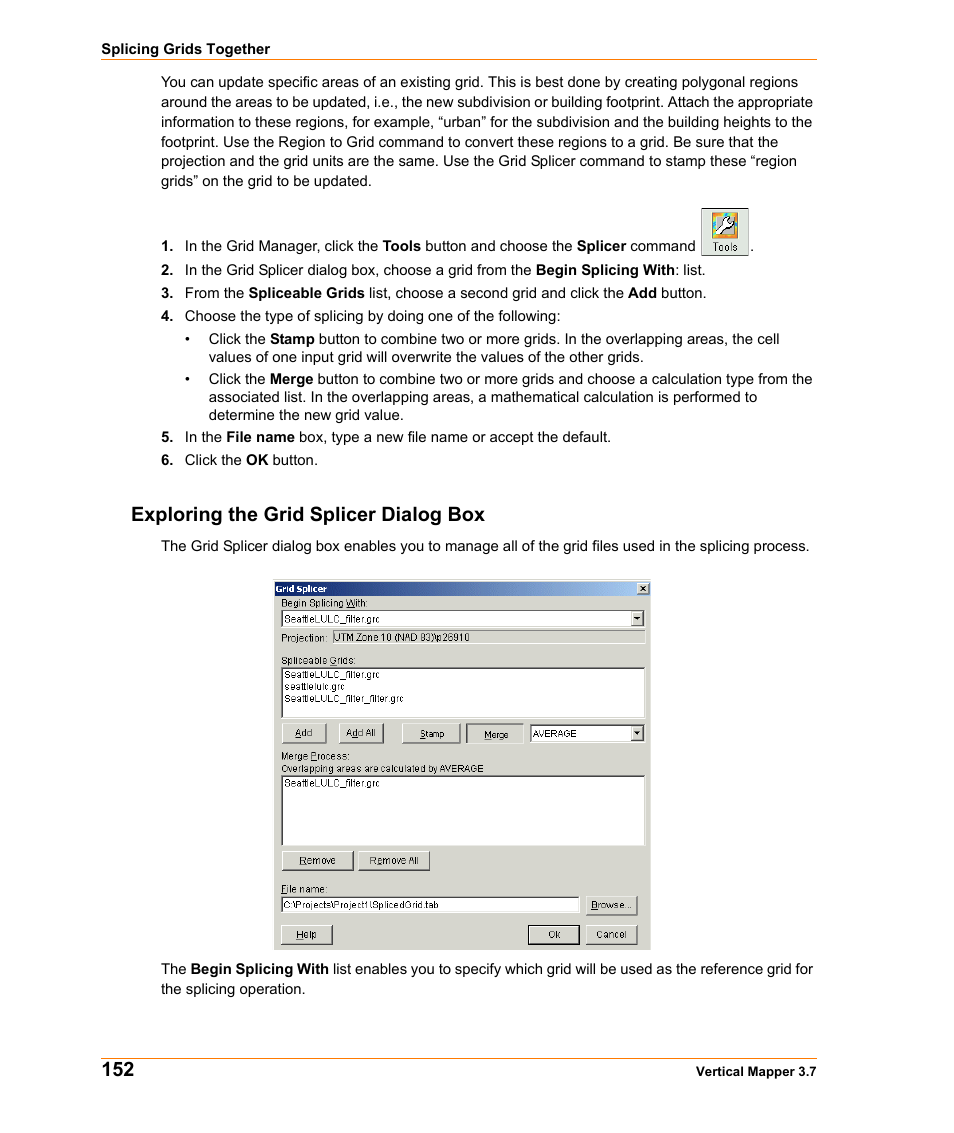 Exploring the grid splicer dialog box | Pitney Bowes MapInfo Vertical Mapper User Manual | Page 154 / 213