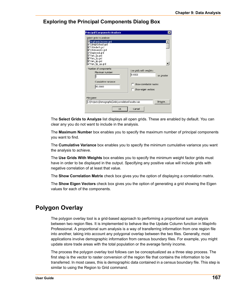 Exploring the principal components dialog box, Polygon overlay, 167 exploring the principal components dialog box | Pitney Bowes MapInfo Vertical Mapper User Manual | Page 169 / 213
