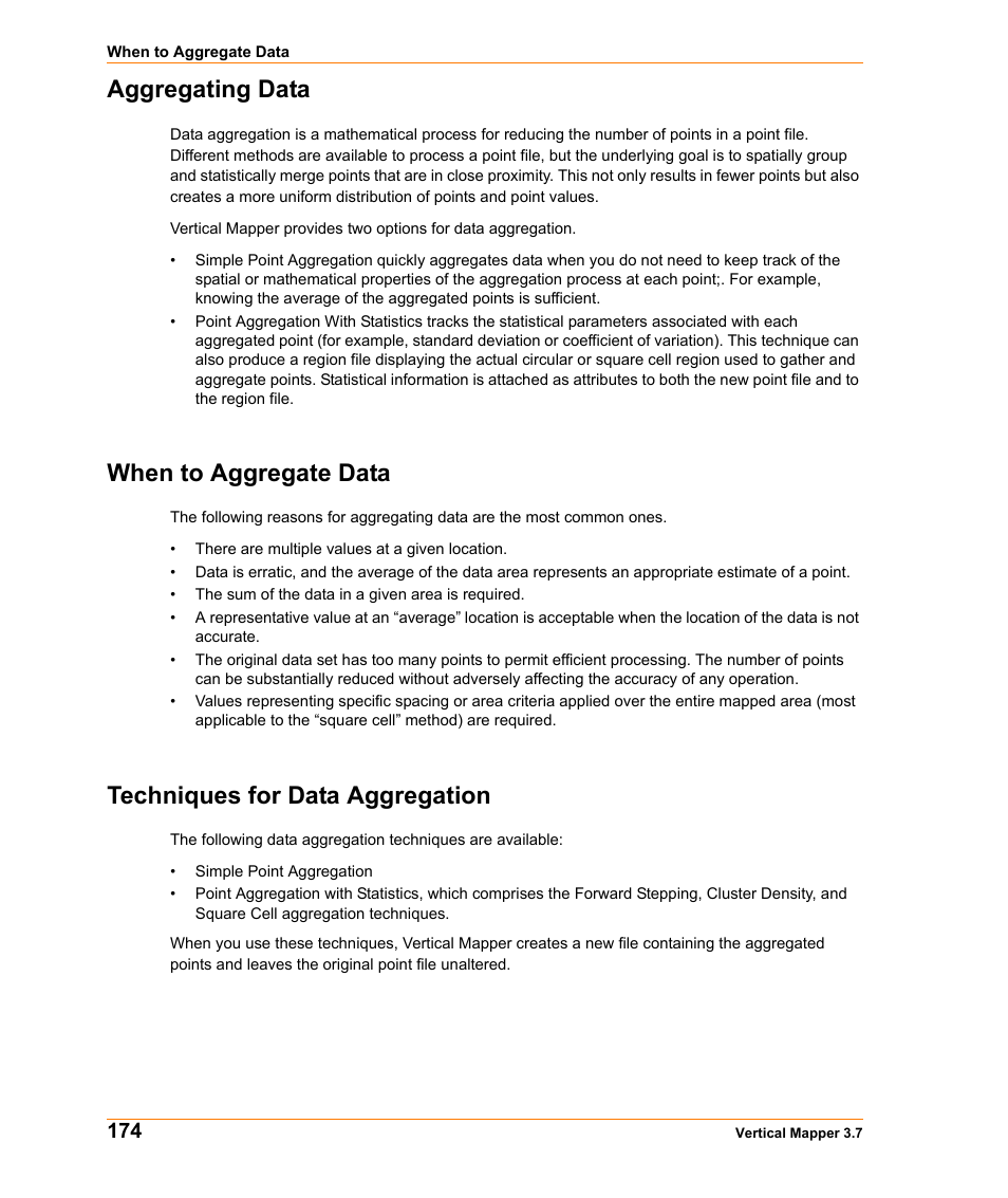 Aggregating data, When to aggregate data, Techniques for data aggregation | Pitney Bowes MapInfo Vertical Mapper User Manual | Page 176 / 213