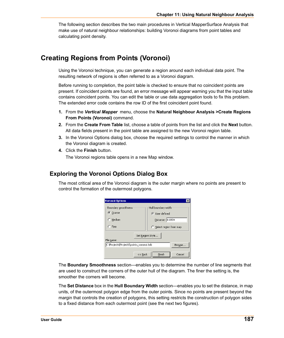 Creating regions from points (voronoi), Exploring the voronoi options dialog box | Pitney Bowes MapInfo Vertical Mapper User Manual | Page 189 / 213