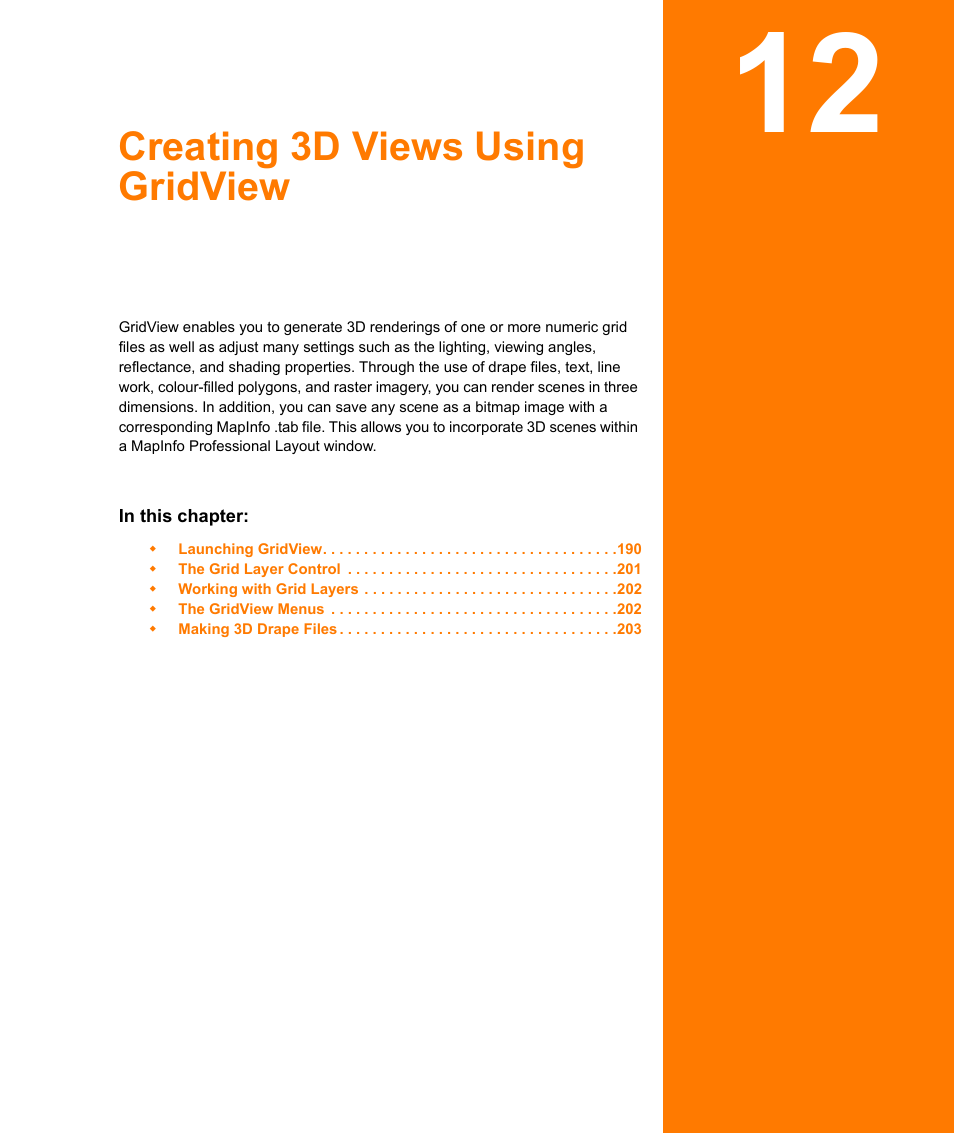Creating 3d views using gridview, Chapter 12: creating 3d views using gridview | Pitney Bowes MapInfo Vertical Mapper User Manual | Page 191 / 213