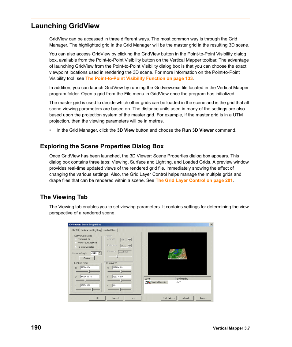 Launching gridview, Exploring the scene properties dialog box, The viewing tab | Launching gridview on | Pitney Bowes MapInfo Vertical Mapper User Manual | Page 192 / 213