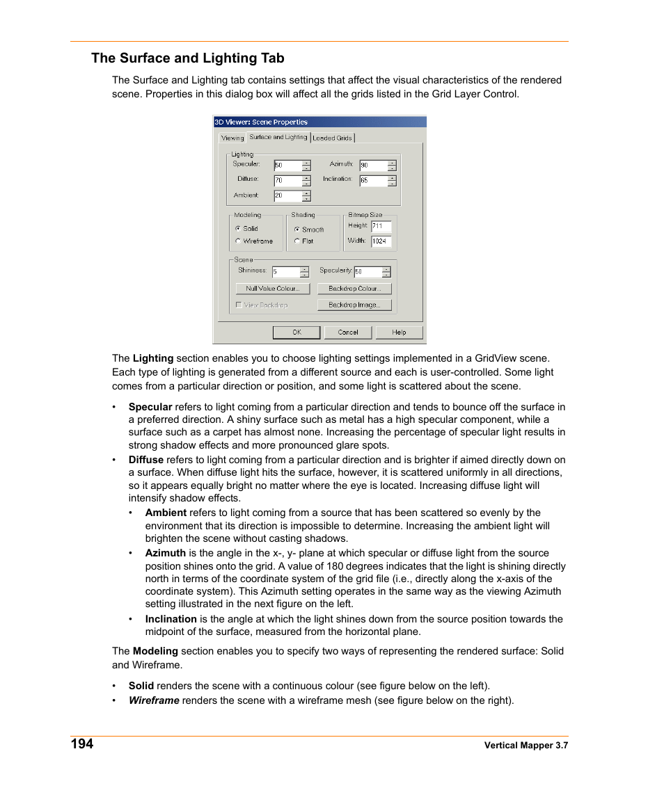 The surface and lighting tab | Pitney Bowes MapInfo Vertical Mapper User Manual | Page 196 / 213