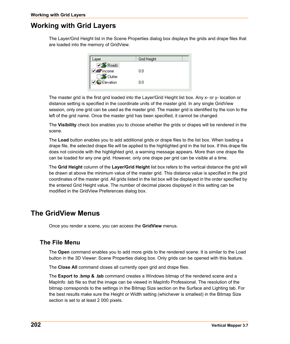 Working with grid layers, The gridview menus, The file menu | Working with grid layers the gridview menus | Pitney Bowes MapInfo Vertical Mapper User Manual | Page 204 / 213