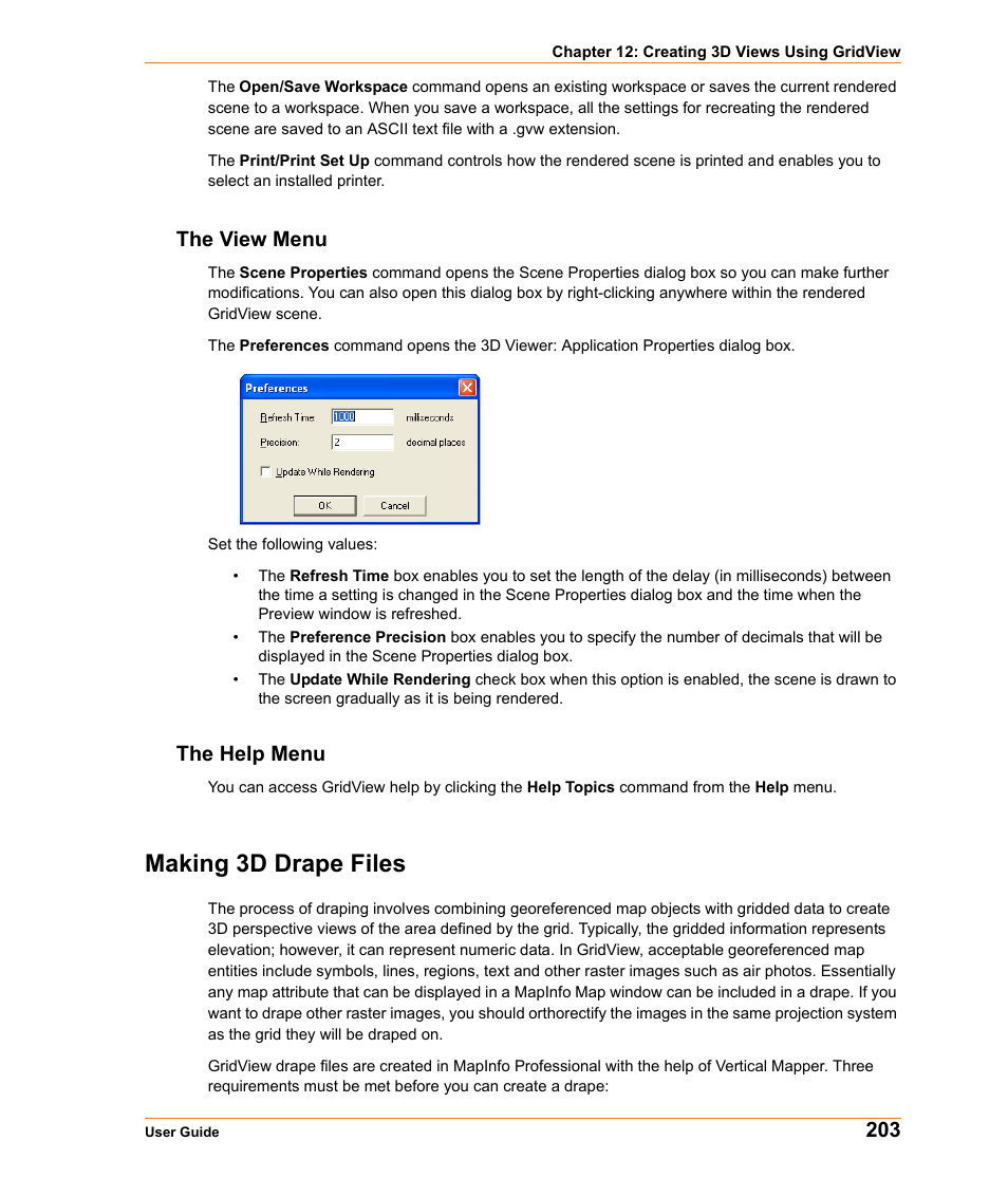The view menu, The help menu, Making 3d drape files | The view menu the help menu, Information, see | Pitney Bowes MapInfo Vertical Mapper User Manual | Page 205 / 213