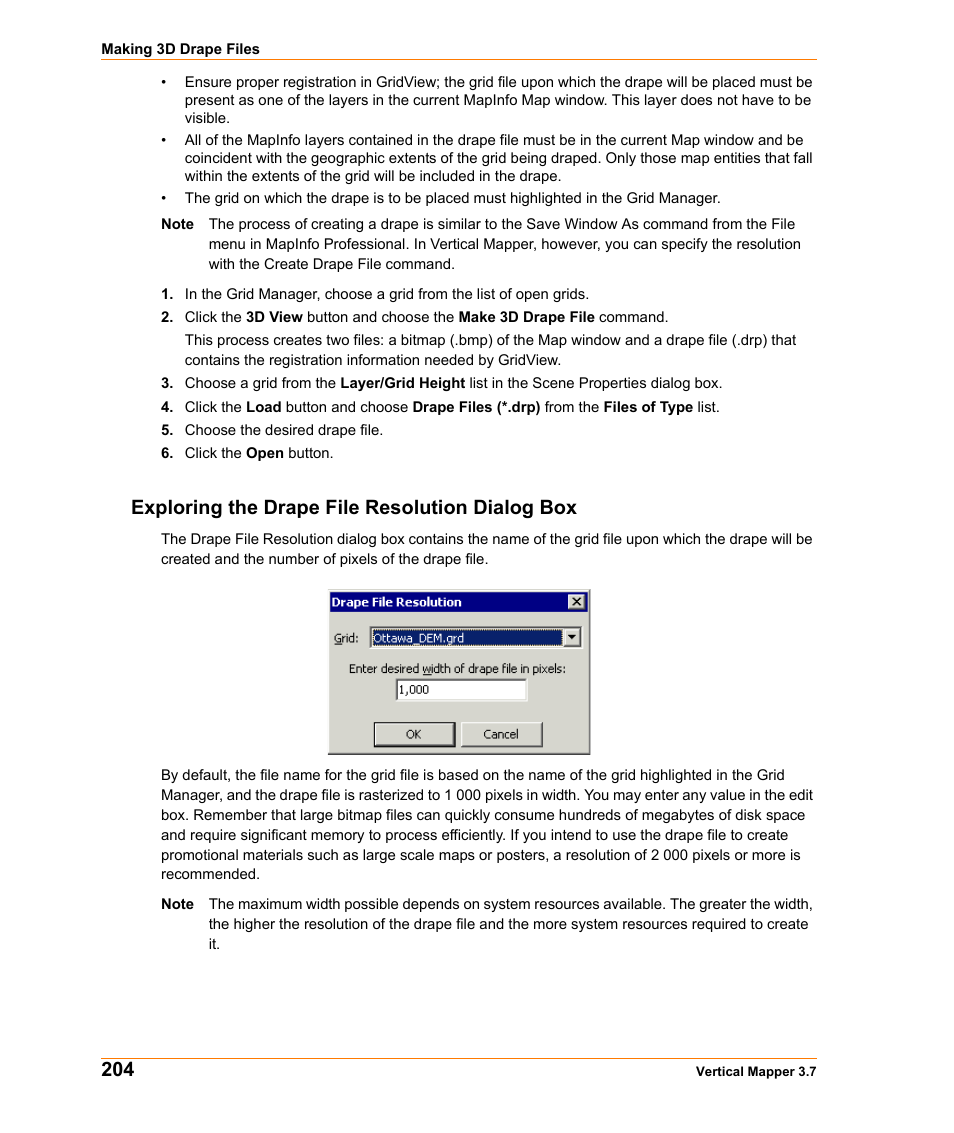 Exploring the drape file resolution dialog box | Pitney Bowes MapInfo Vertical Mapper User Manual | Page 206 / 213