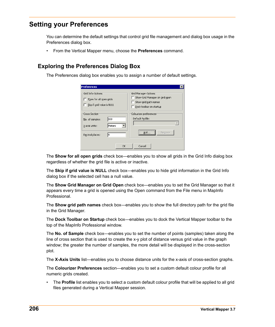 Setting your preferences, Exploring the preferences dialog box, Setting your preferences on | Pitney Bowes MapInfo Vertical Mapper User Manual | Page 208 / 213