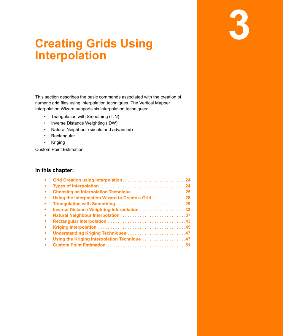 Creating grids using interpolation, Chapter 3: creating grids using interpolation | Pitney Bowes MapInfo Vertical Mapper User Manual | Page 25 / 213
