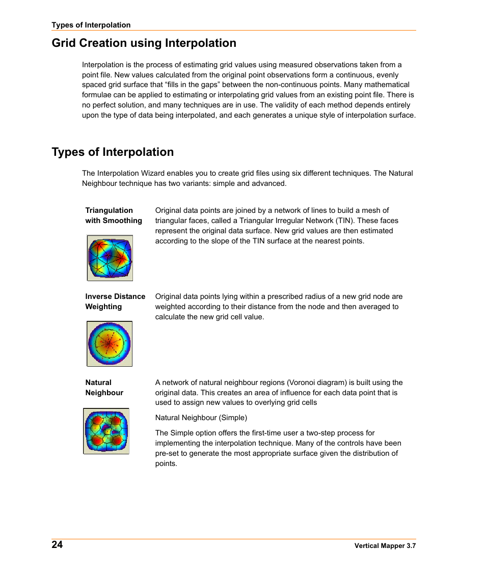 Grid creation using interpolation, Types of interpolation | Pitney Bowes MapInfo Vertical Mapper User Manual | Page 26 / 213