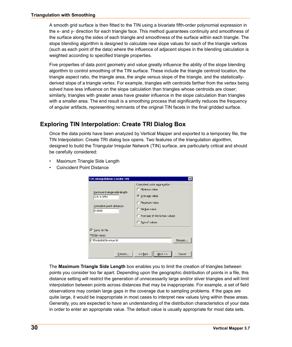 Exploring tin interpolation: create tri dialog box | Pitney Bowes MapInfo Vertical Mapper User Manual | Page 32 / 213