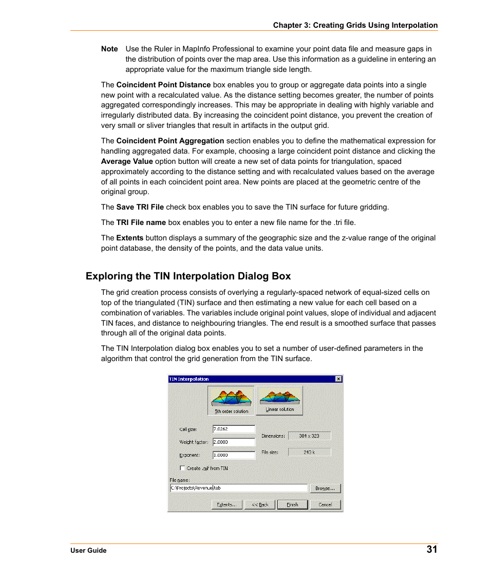 Exploring the tin interpolation dialog box | Pitney Bowes MapInfo Vertical Mapper User Manual | Page 33 / 213