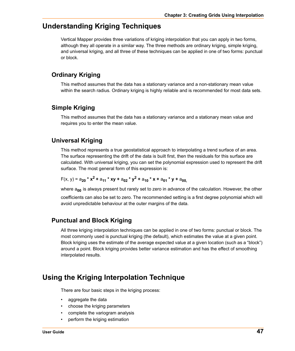 Understanding kriging techniques, Ordinary kriging, Simple kriging | Universal kriging, Punctual and block kriging, Using the kriging interpolation technique | Pitney Bowes MapInfo Vertical Mapper User Manual | Page 49 / 213